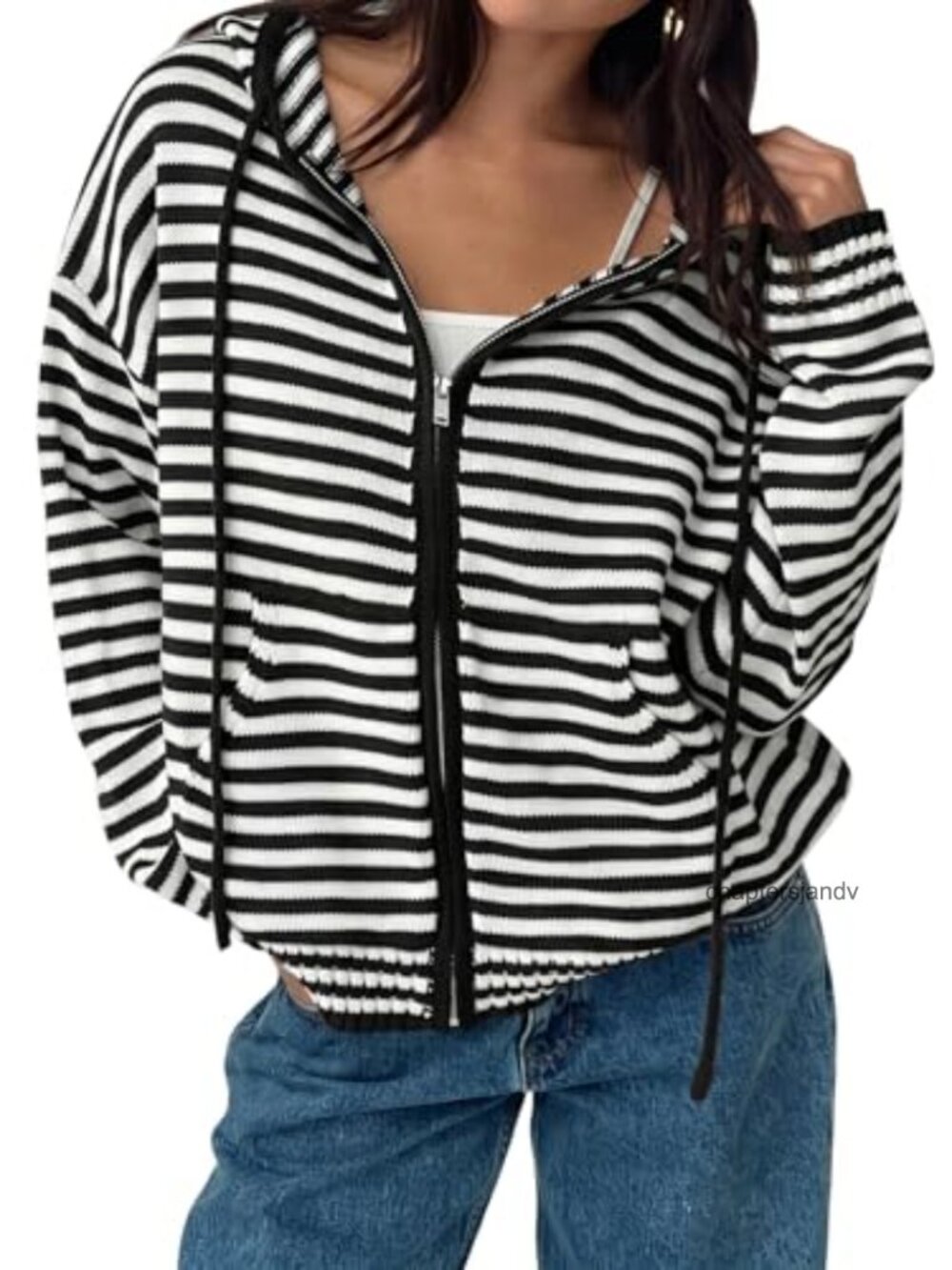 Oversized Striped Zip Up Hoodie Cardigan Sweater Jacket